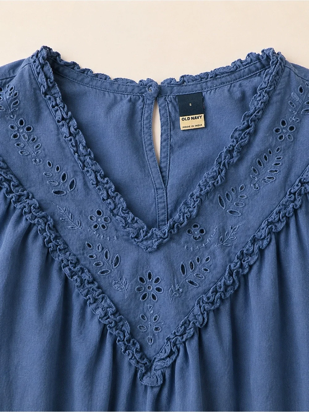 Old Navy Blue Top Embroidered Boho Blouse Cotton Rayon Cottagecore Top S Size